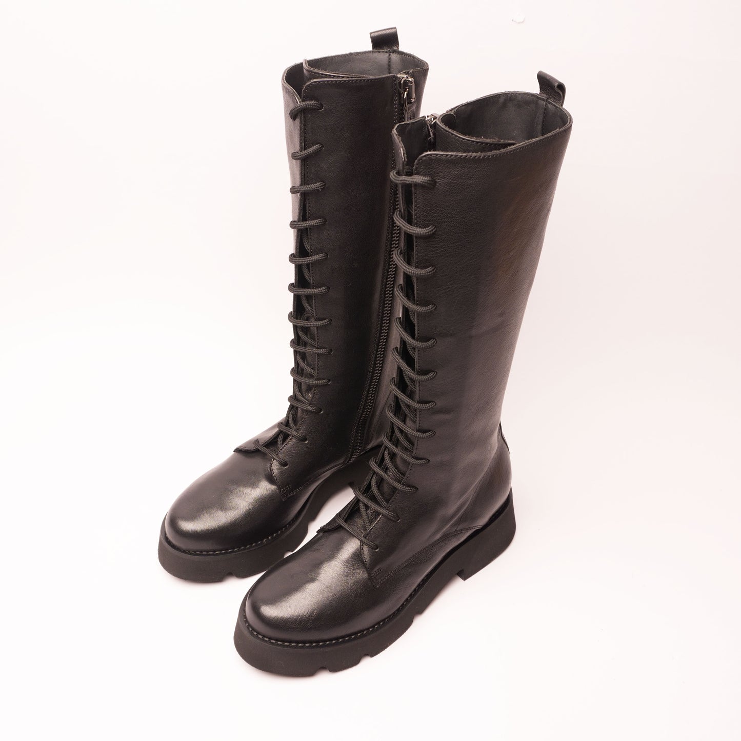 Carlissima Stivale in Pelle Nero con Lacci e Zip