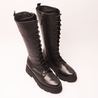 Carlissima Stivale in Pelle Nero con Lacci e Zip