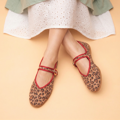 Mary-Jane friulana scollo a V tessuto Leopardo bordo rosso