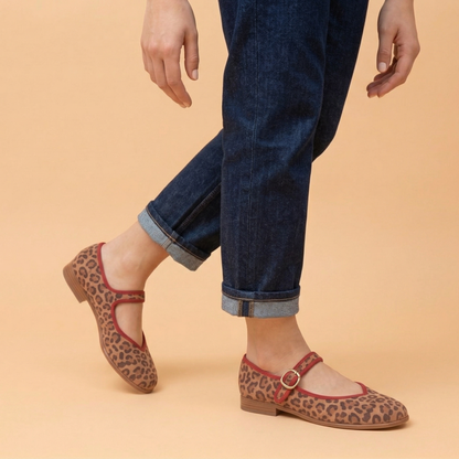 Mary-Jane friulana scollo a V tessuto Leopardo bordo rosso
